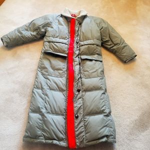Eddie Bauer, size small, green, goose down long coat.